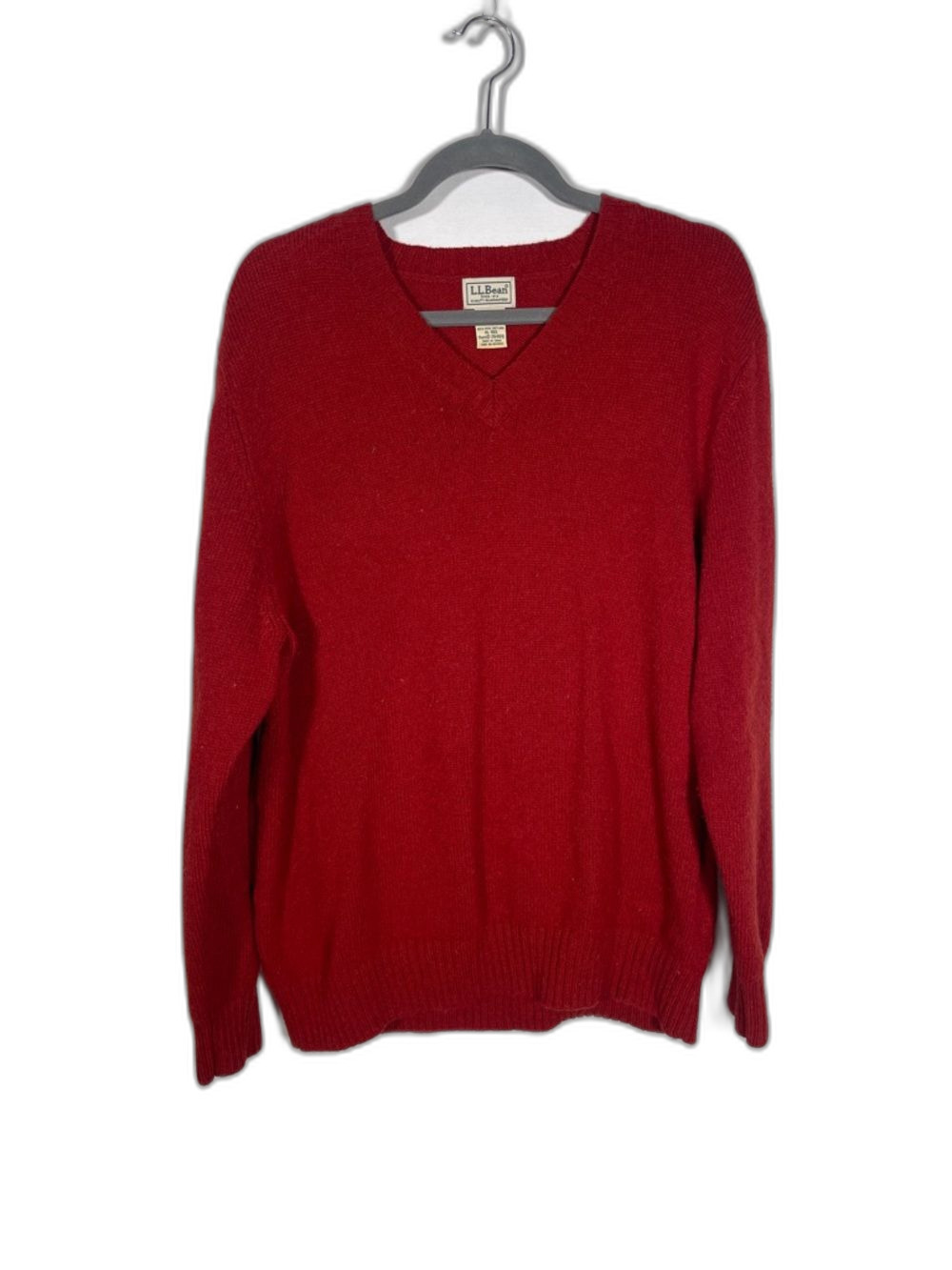 L.L. BEAN MENS 100% WOOL V NECK SWEATER RED XL